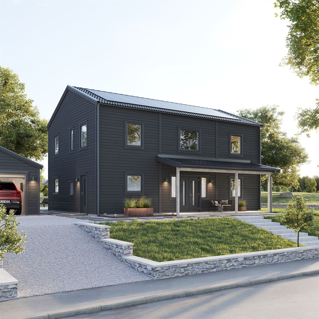 Svart Villa Vaxholm med entréveranda  Mälaren & enkelgarage